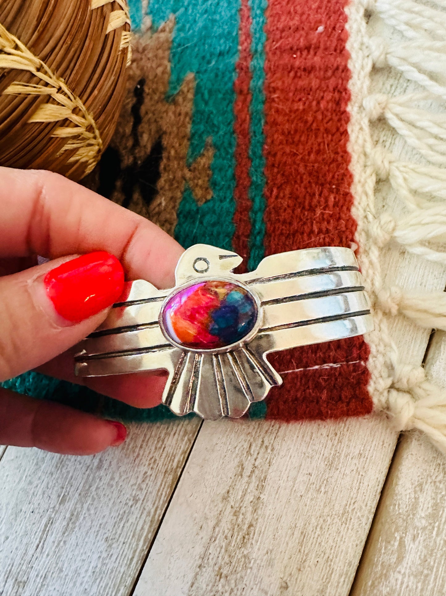 Handcrafted Pink Dream Mojave & Sterling Silver Thunderbird Cuff Bracelet
