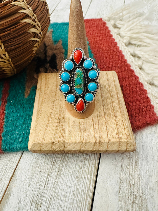 Handcrafted Turquoise, Coral & Sterling Silver Cluster Ring Size 7.25