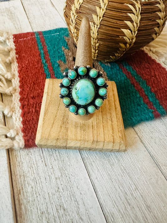 Handcrafted Turquoise & Sterling Silver Cluster Ring Size 8