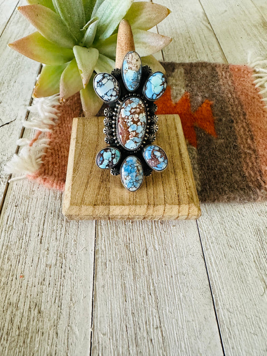 Handcrafted Golden Hills Turquoise & Sterling Silver Cluster Ring Size 11