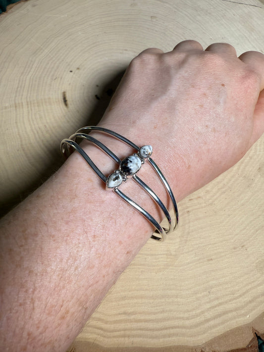 Handmade White Buffalo & Sterling Silver 3 Stone Adjustable Cuff Bracelet