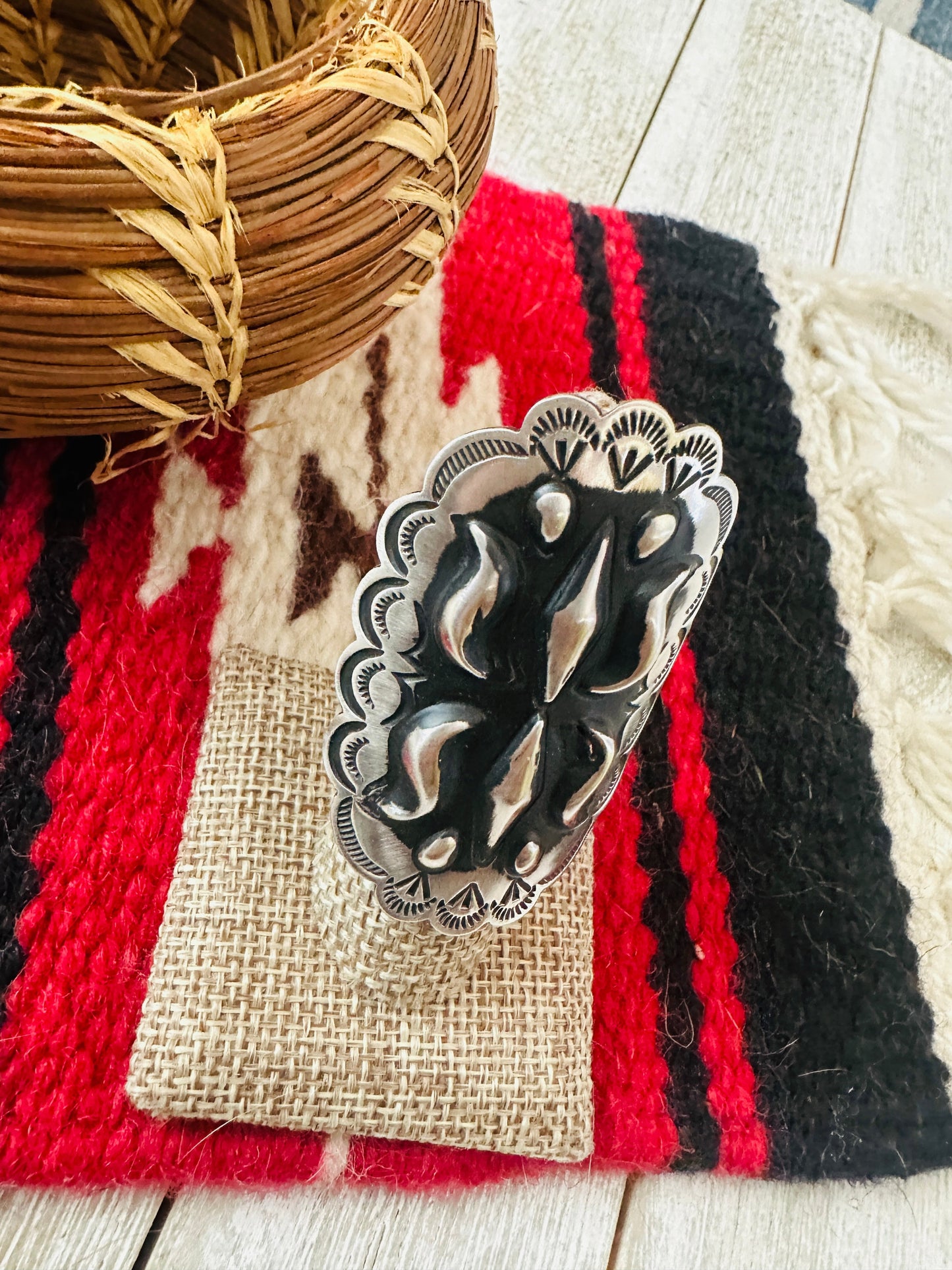 Handcrafted Sterling Silver Adjustable Concho Ring by Leander Tahe