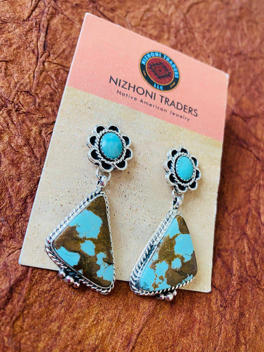 Handcrafted Number 8 Turquoise & Sterling Silver Flower Dangle Earrings