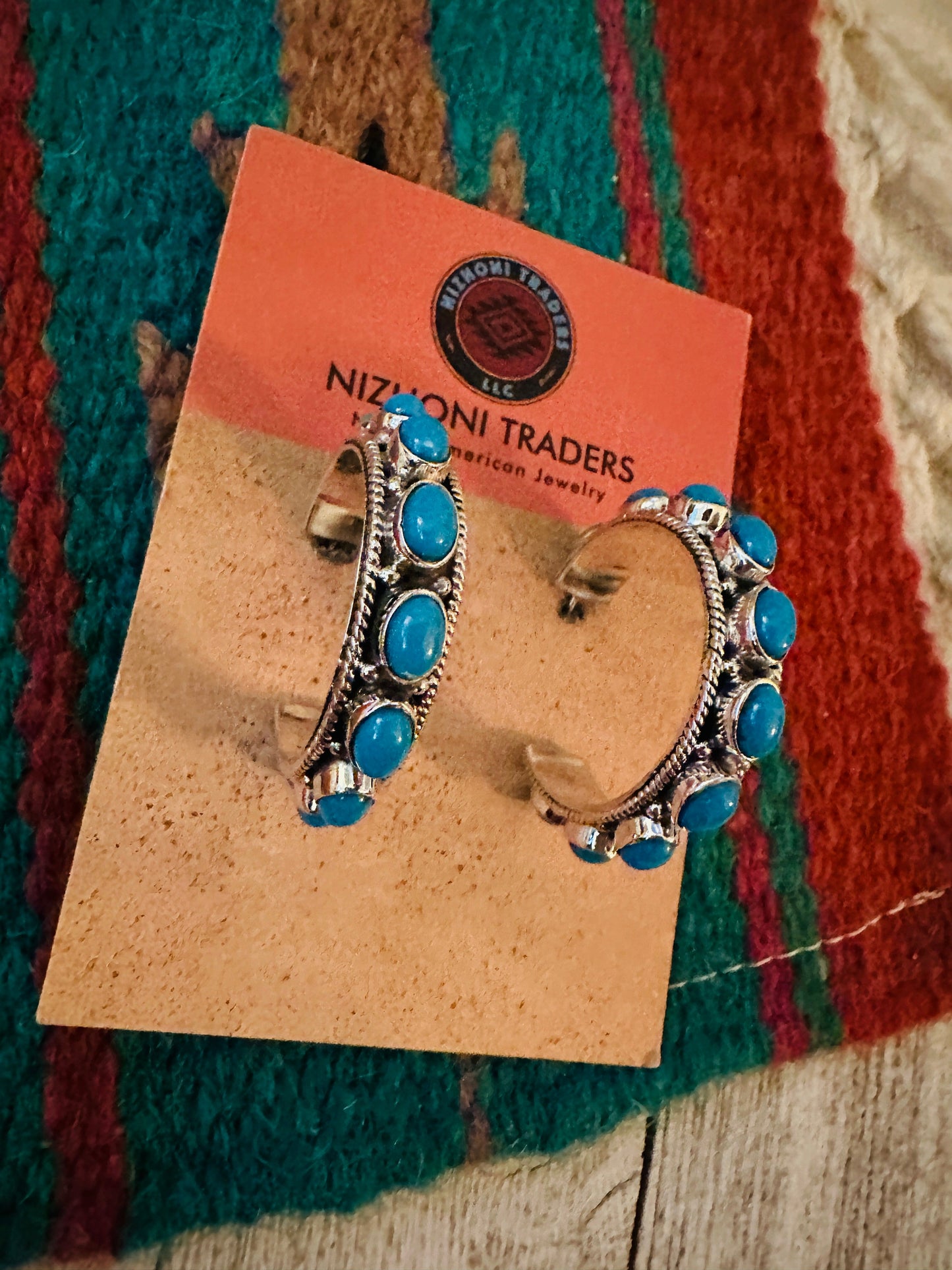 Navajo Sterling Silver & Turquoise Hoop Earrings