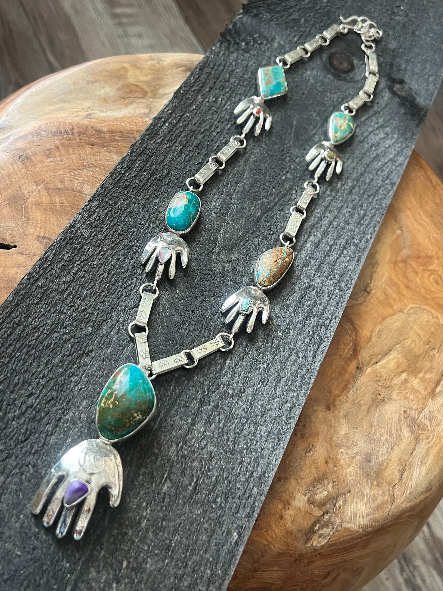 Jay Leon Coriz Handcrafted Sterling Silver and Royston Turquoise Healing Hand Station Necklace