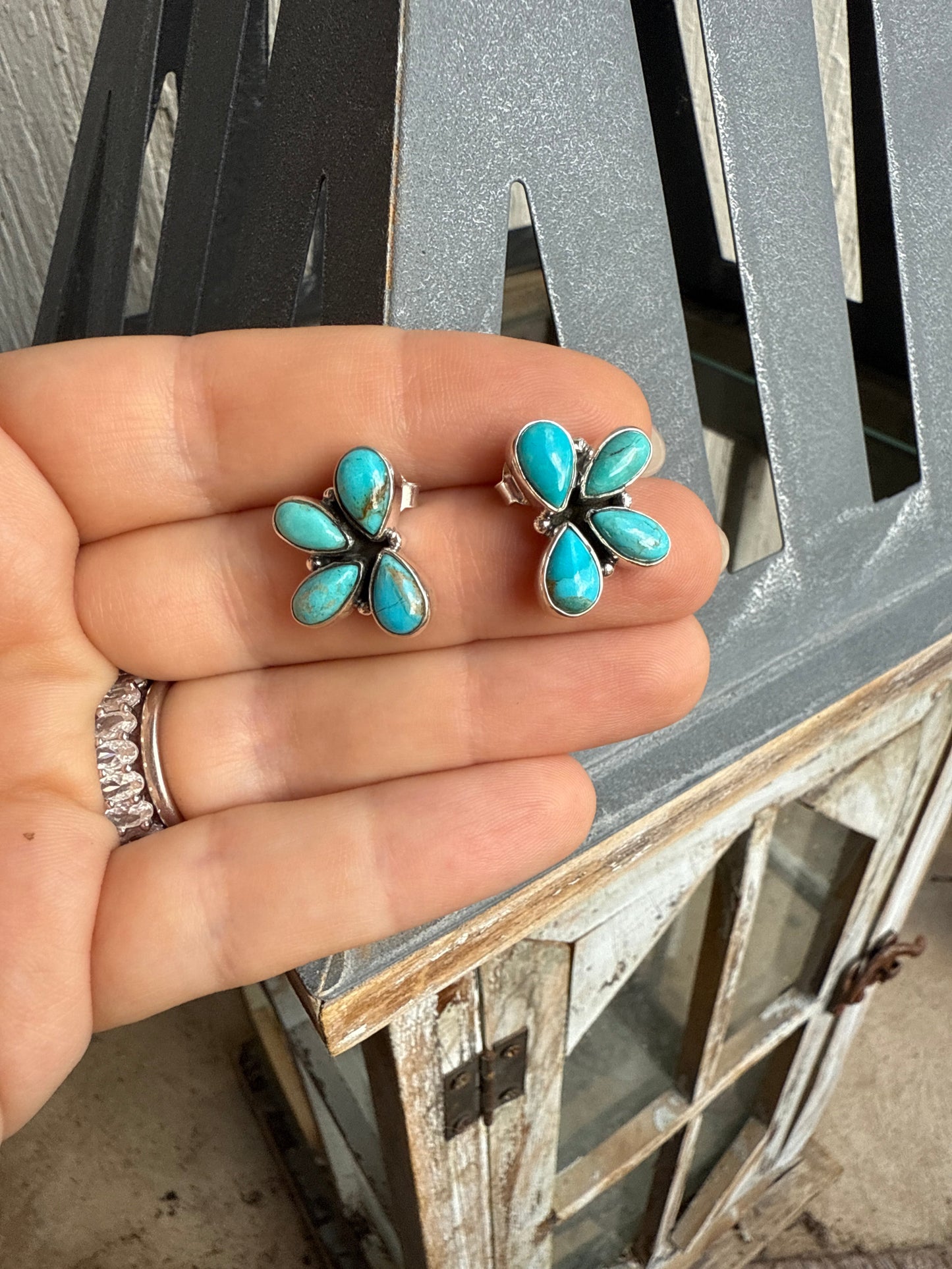 Handmade Kingman Turquoise & Sterling Silver 4 Stone Earrings style 3