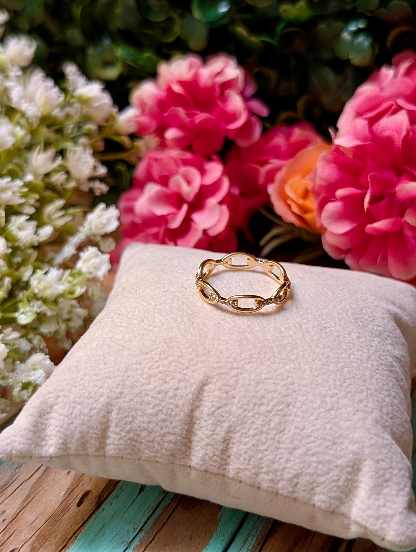 14K Gold Sterling Silver CZ Open Chain Link Ring