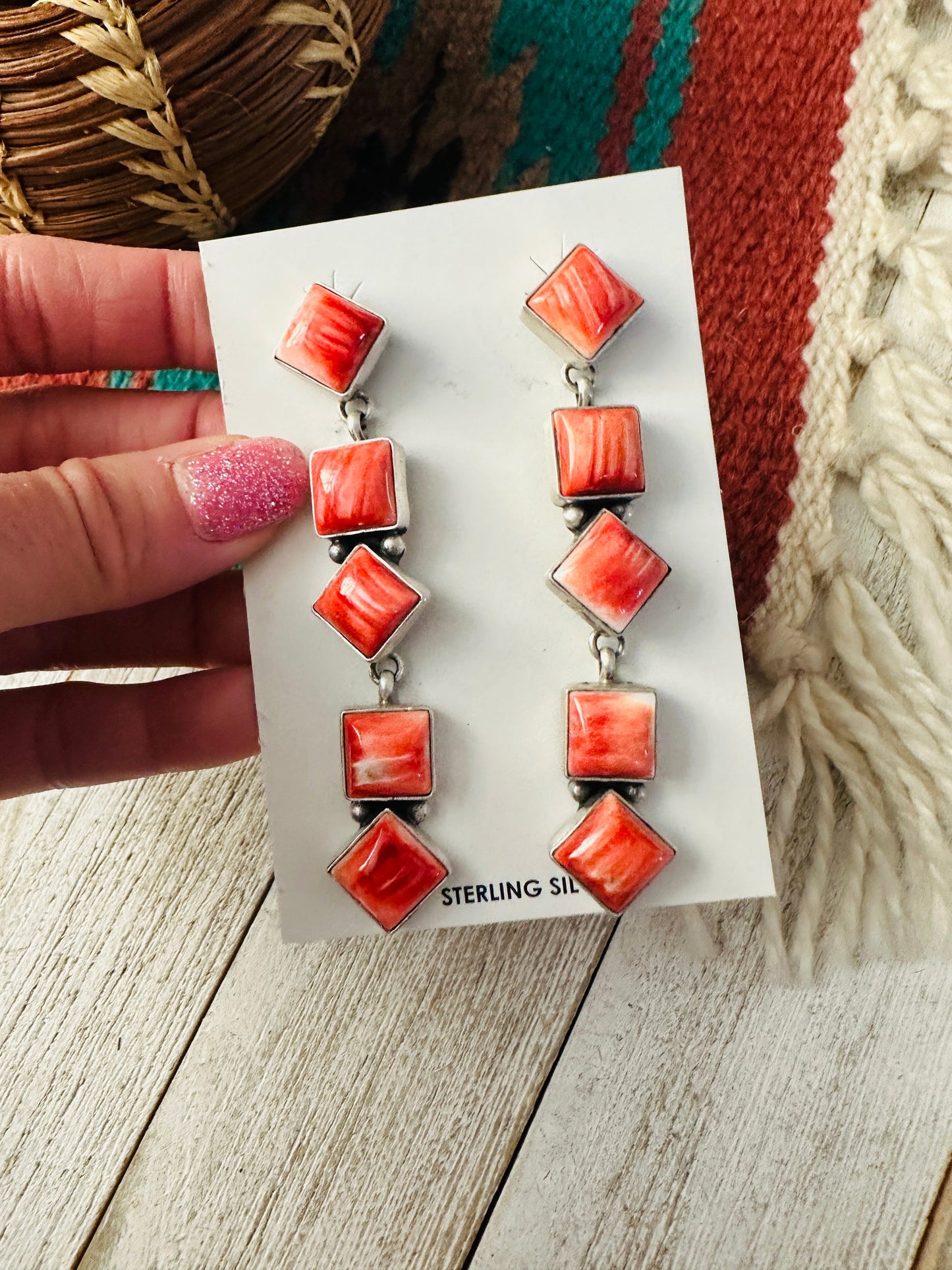 Handcrafted Orange Spiny and Sterling Silver Dangle Earrings