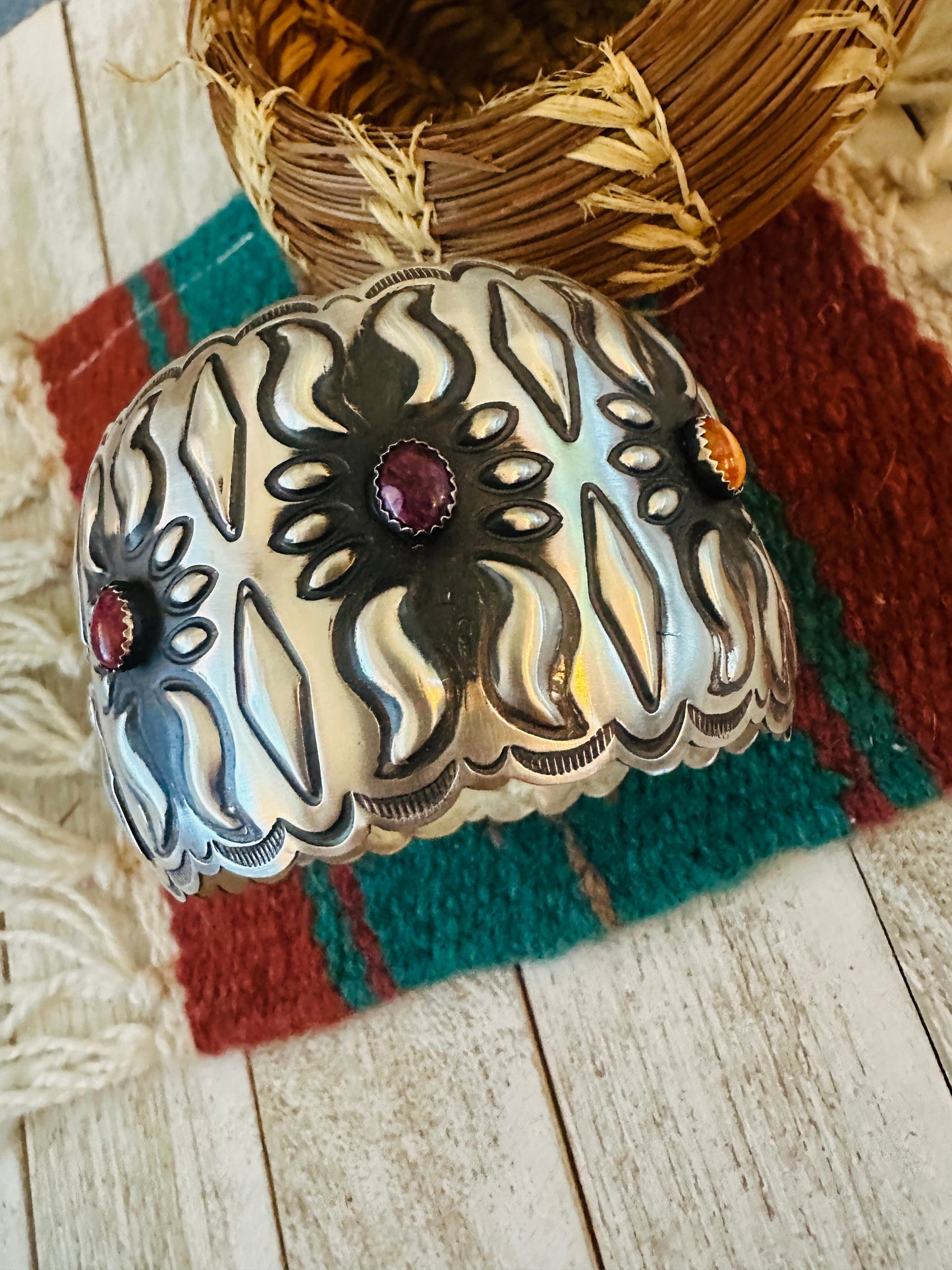Handcrafted Sterling Silver, Spiny & Turquoise Bangle Bracelet by Leander Tahe