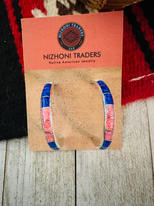 Handcrafted Sterling Silver & Multicolor Opal Inlay Hoop Earrings
