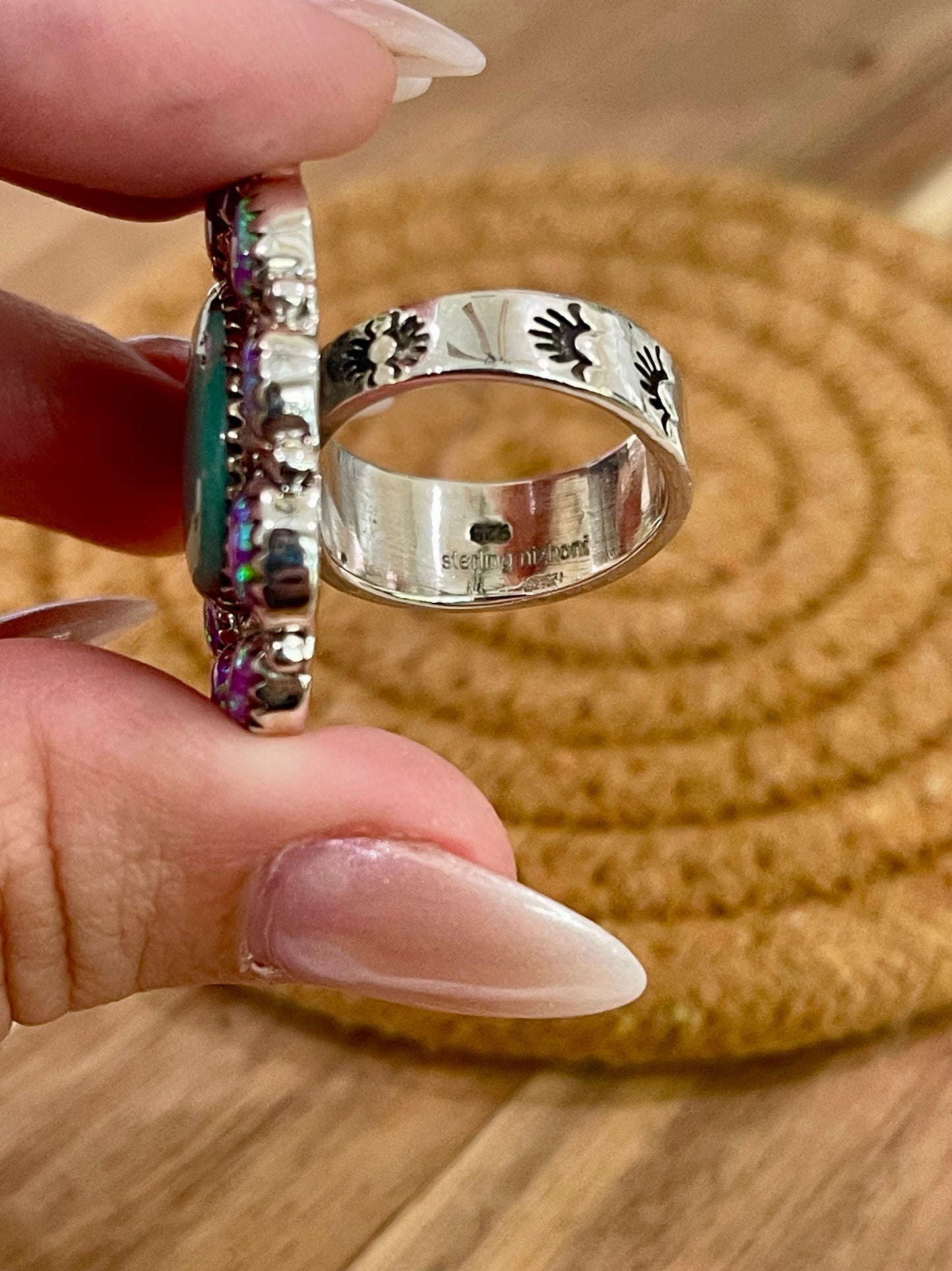 Handmade Sterling Silver, Royston & Purple Fire Opal Adjustable Ring
