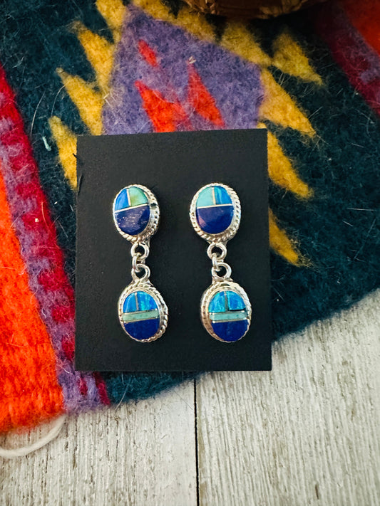 Handcrafted Sterling Silver & Multi Stone Inlay Dangle Earrings