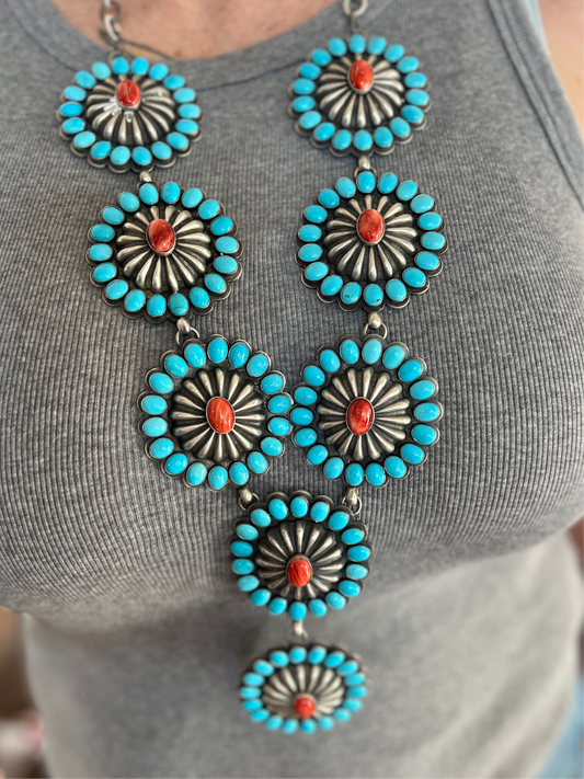 Handcrafted Amazing Spiny Oyster, Kingman Turquoise & Sterling Silver Lariat Necklace by Gilbert Platero
