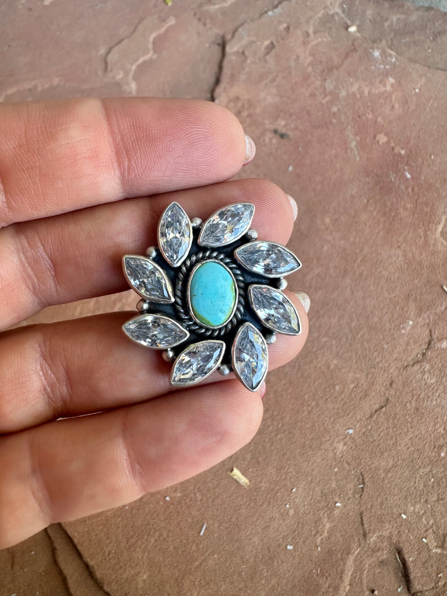 Beautiful Handmade Sonoran Mountain Turquoise , CZ And Sterling Silver Adjustable Ring