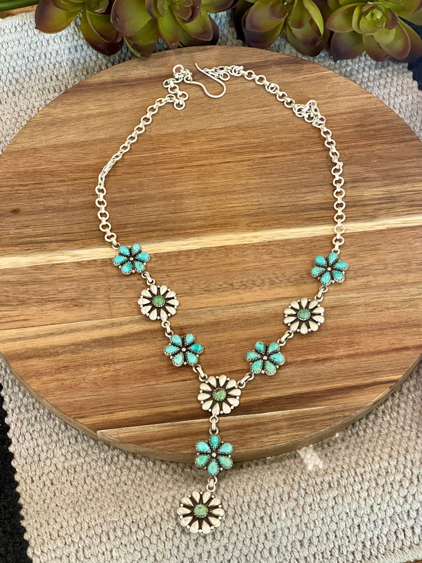 Handmade Sterling Silver & Turquoise Flower Lariat Necklace