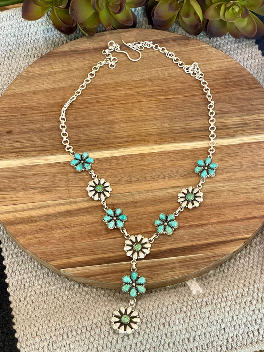 Handmade Sterling Silver & Turquoise Flower Lariat Necklace