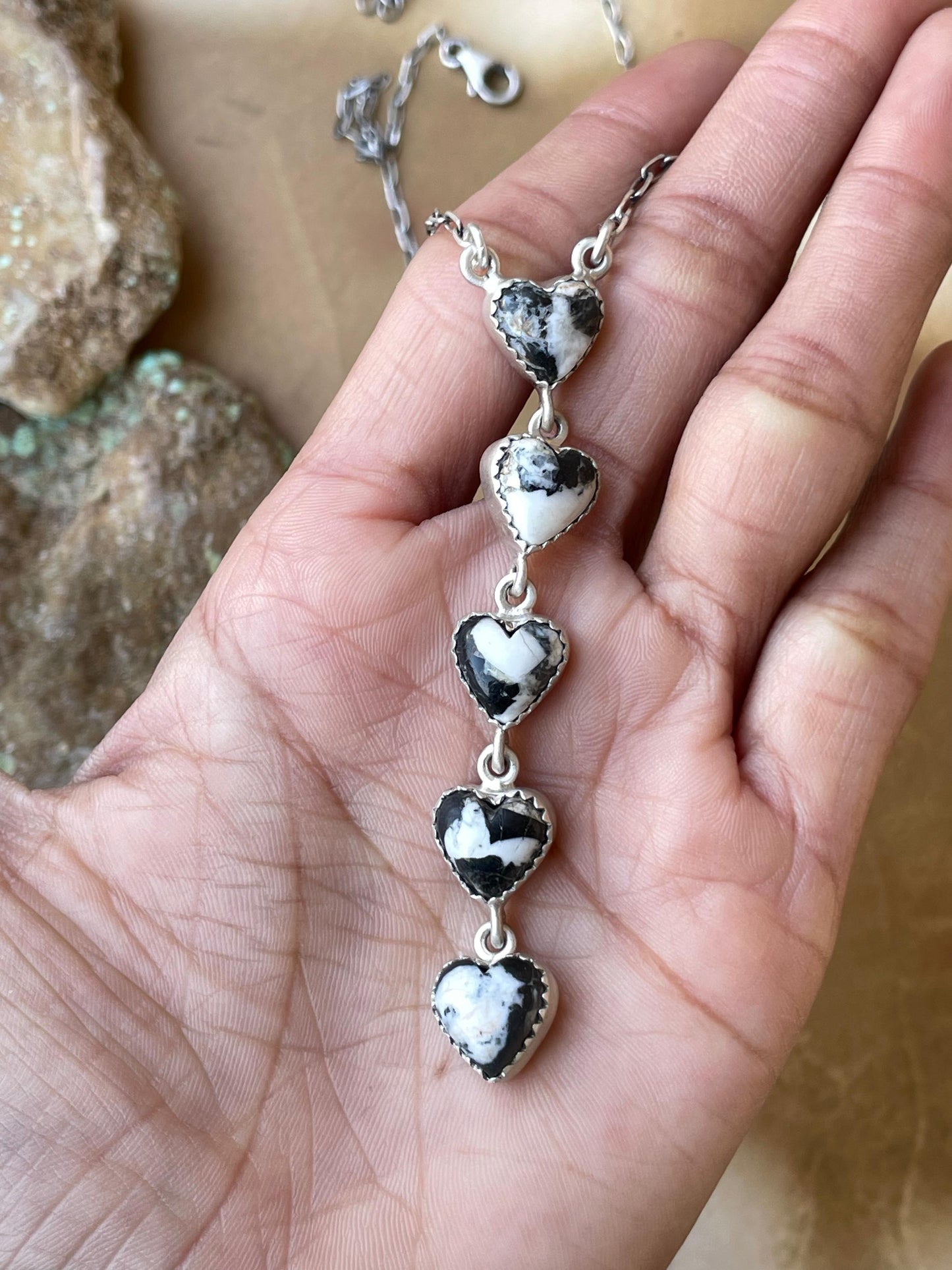 Handmade Sterling Silver & Pink Dream Mojave OR White Buffalo Drop 5 Stone Necklace
