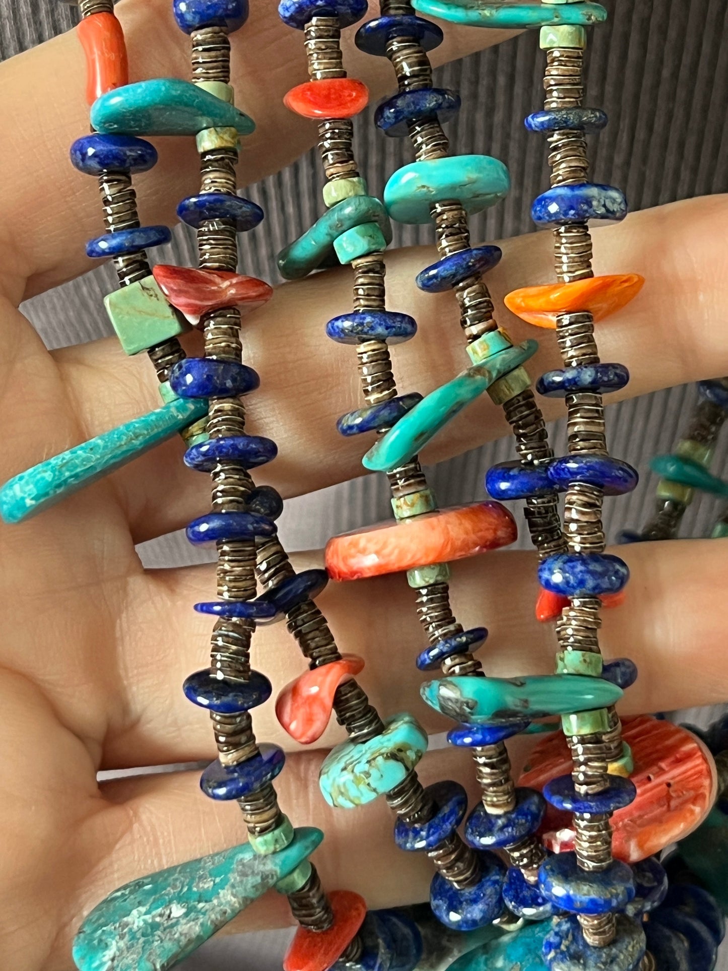 Gorgeous Handcrafted Made Five Strand Lapis, Spiny Oyster and Turquoise Beaded Squaw Wrap Necklace with Tabs by Daniel Coriz