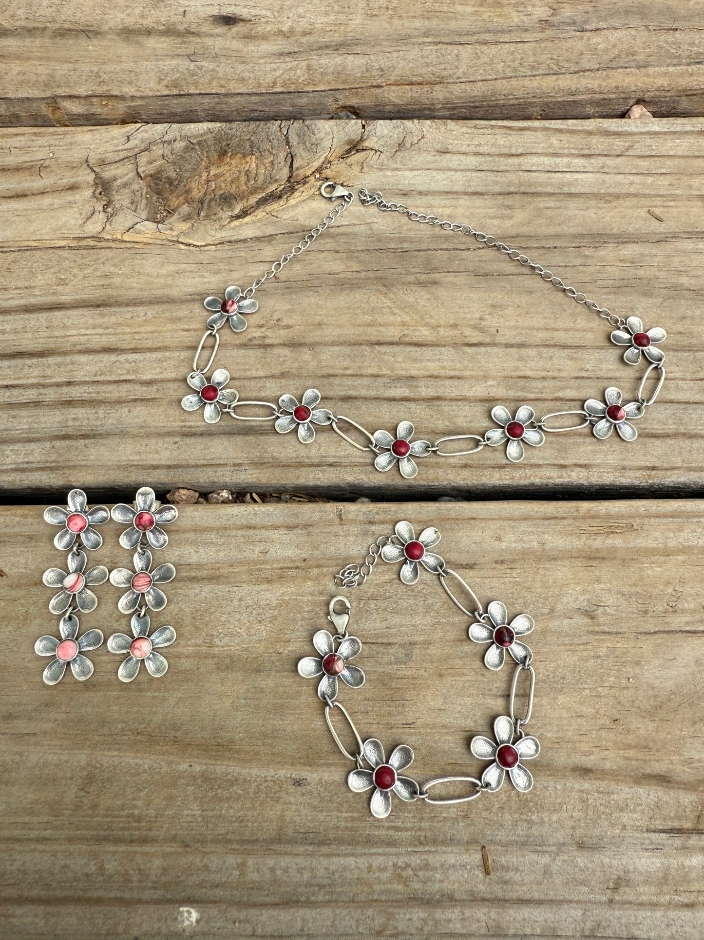 Handmade Sterling Silver Daisy Necklace Earrings & Bracelet Set Signed Nizhoni
