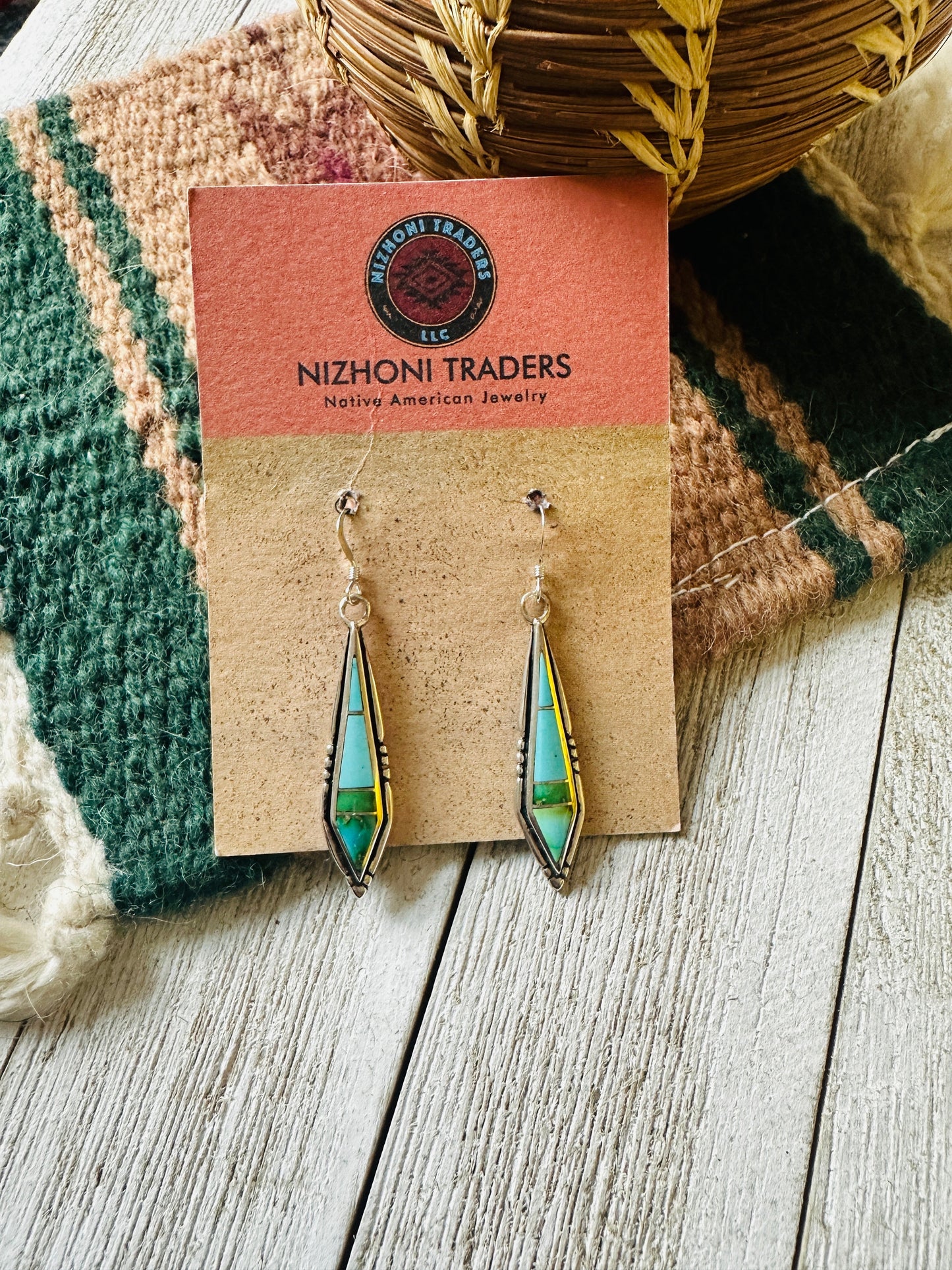 Handcrafted Sonoran Mountain Turquoise And Sterling Silver Inlay Dangle Earrings
