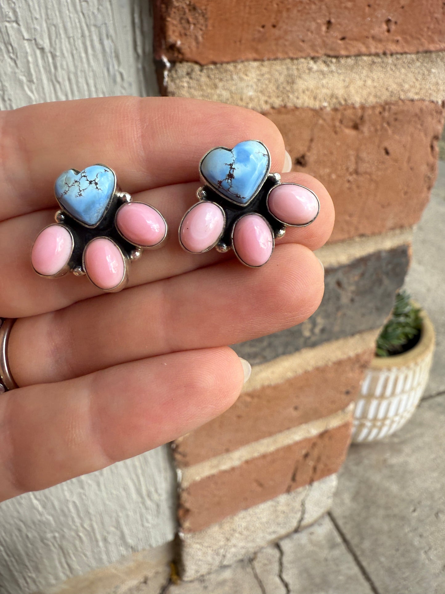 Handmade Natural Golden Hills Turquoise, Pink Conch and Sterling Silver Earring style 1