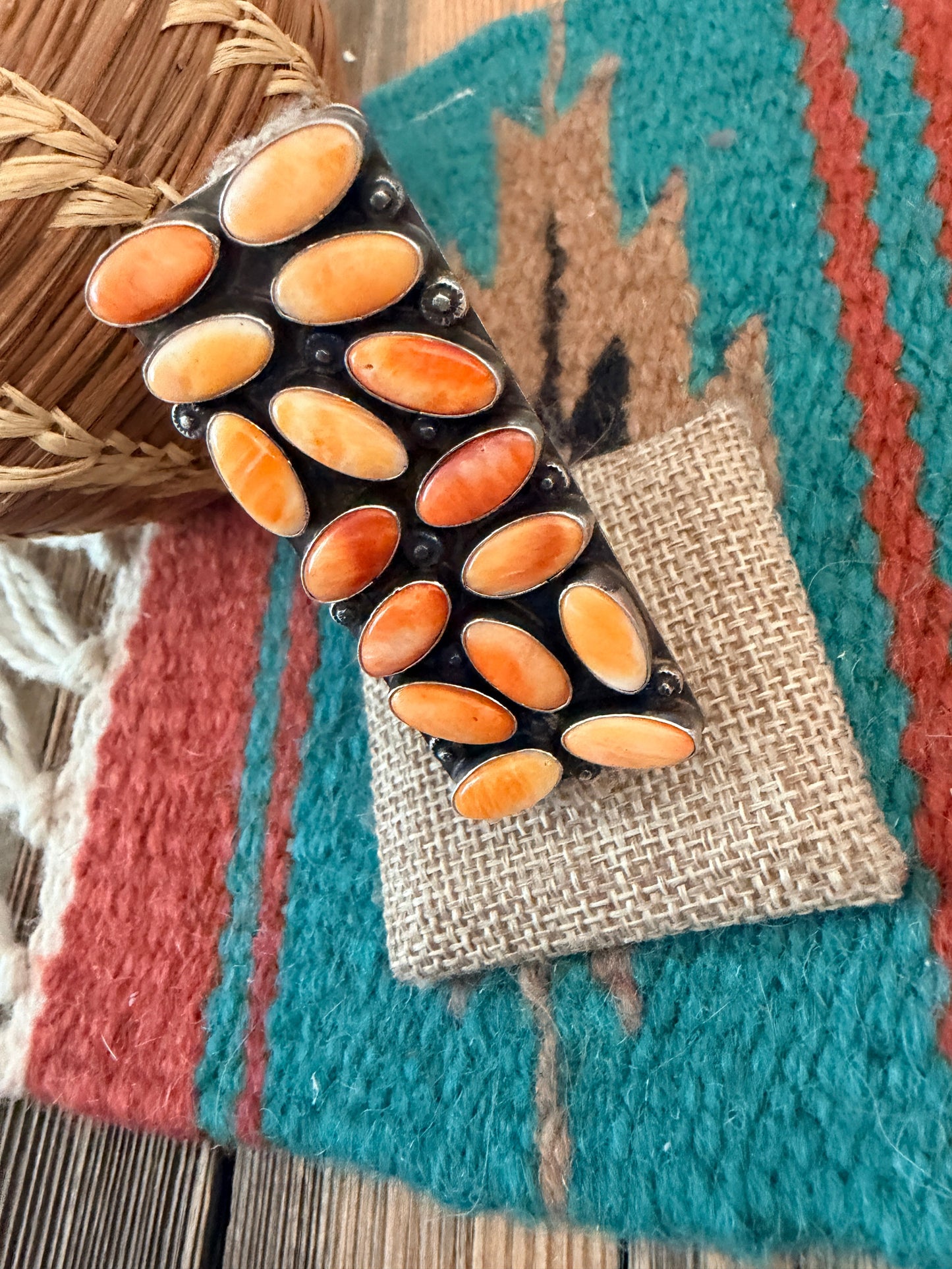 Handcrafted Orange Spiny Oyster & Sterling Silver Cluster Adjustable Ring by Jacqueline Silver