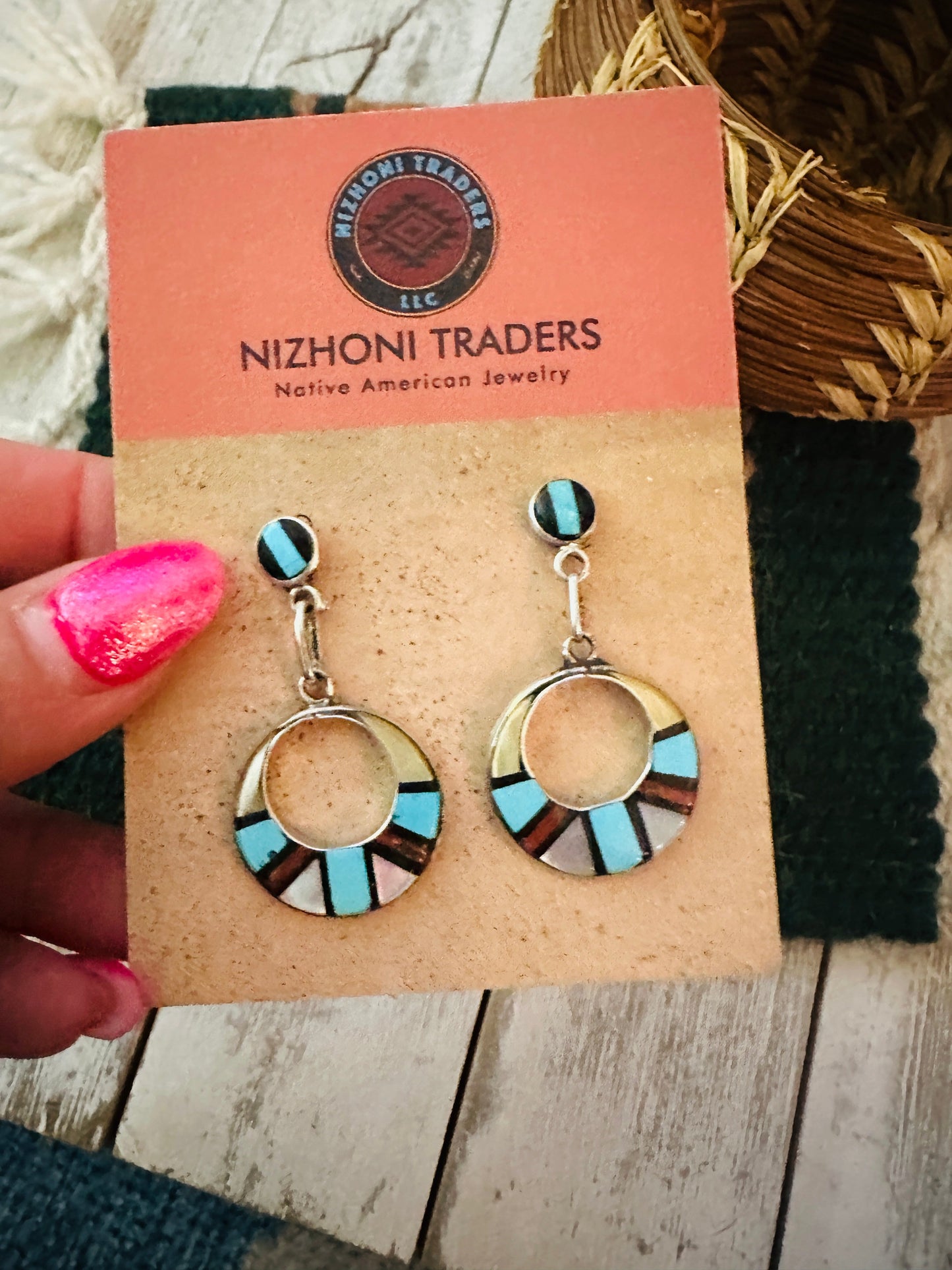 Old Pawn Handcrafted Multi Stone & Sterling Silver Inlay Earrings