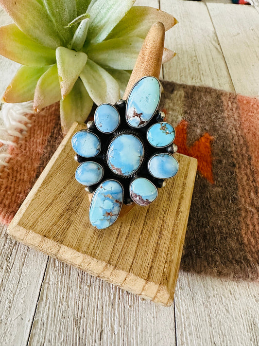 Handcrafted Golden Hills Turquoise & Sterling Silver Cluster Ring Size 7.75