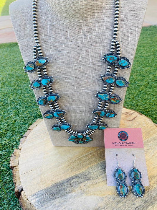 Handcrafted Sterling Silver & Royston Turquoise Beaded Squash Style Necklace Set by Jaqueline Silver