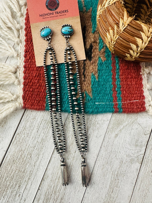 Handcrafted Turquoise & Sterling Silver Pearl Beaded Blossom Dangle Earrings