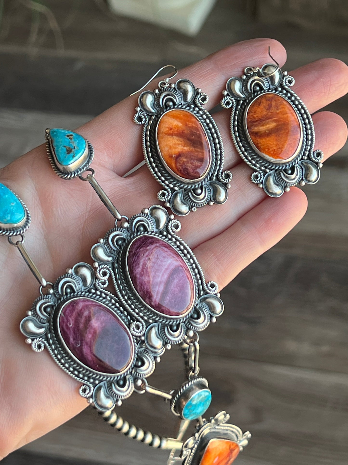 Handcrafted Sterling Silver, Spiny Oyster and Turquoise Link and Bead Electric Rainbow Necklace and Earrings Set by Derrick Gordon
