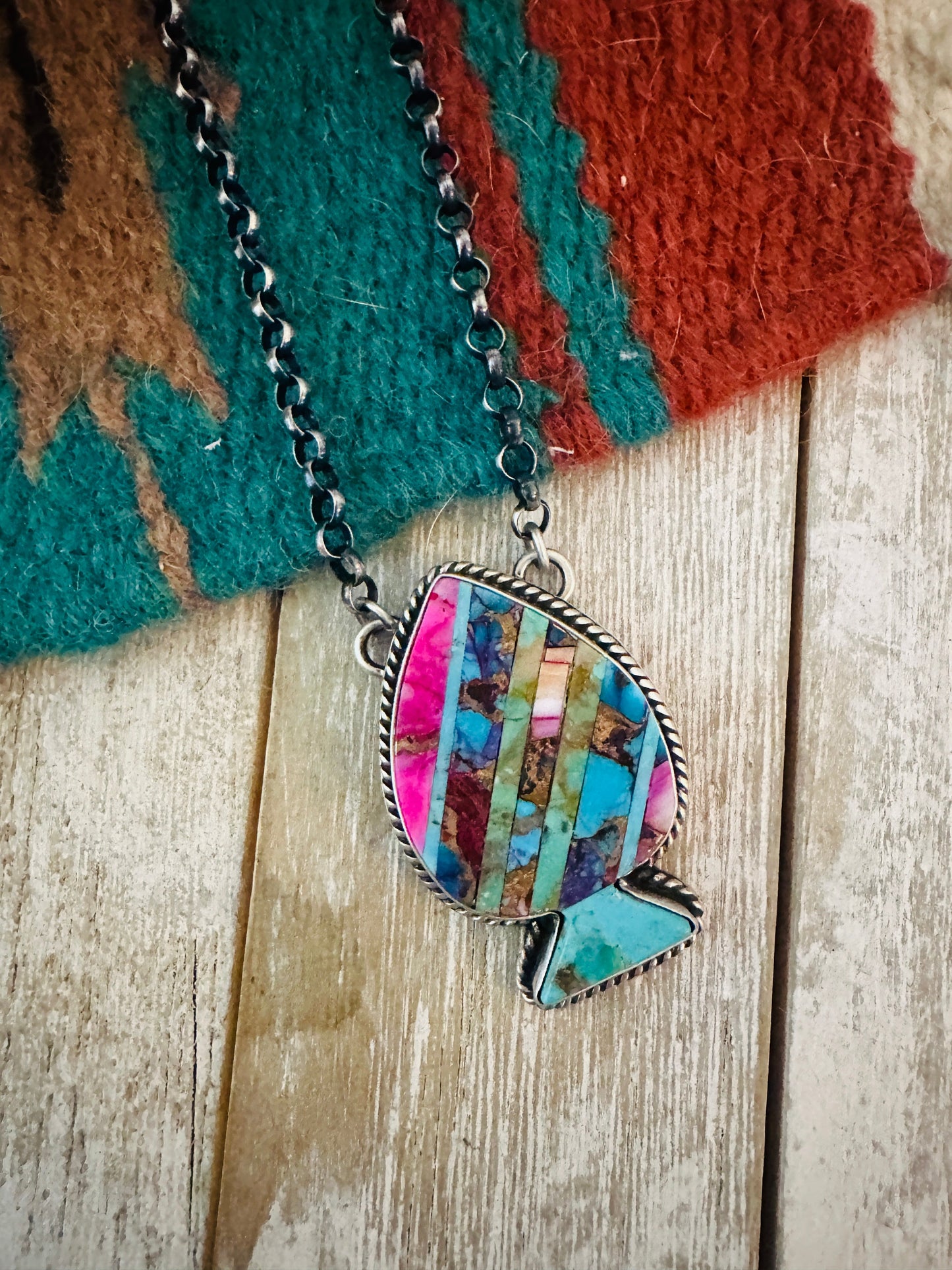 Handcrafted Sterling Silver & Multi Stone Inlay Spade Necklace