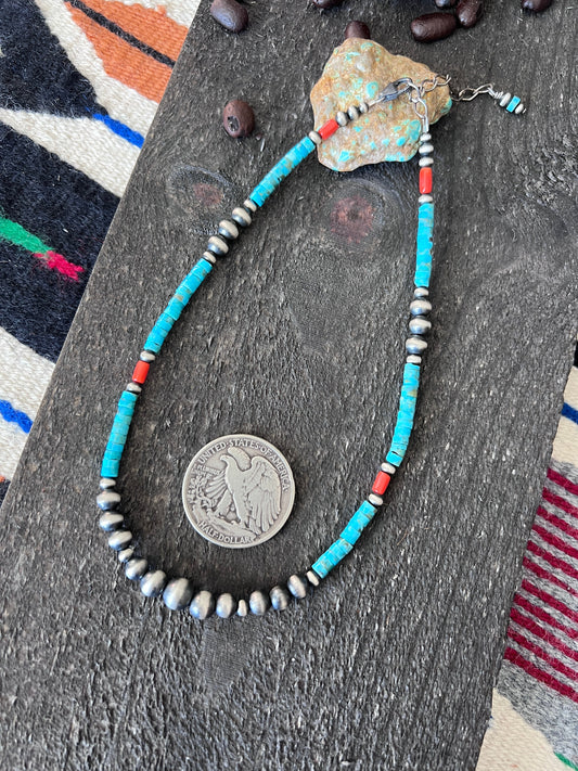 Bohemian Bliss Beaded Choker with Sterling Silver, Mediterranean Coral and Turquoise, 14” + 2”