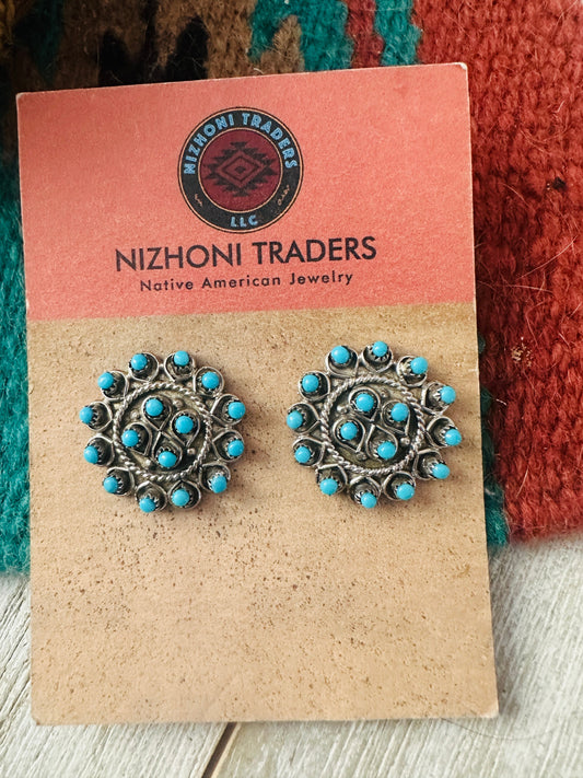 Handcrafted Turquoise & Sterling Silver Petit Point Post Earrings