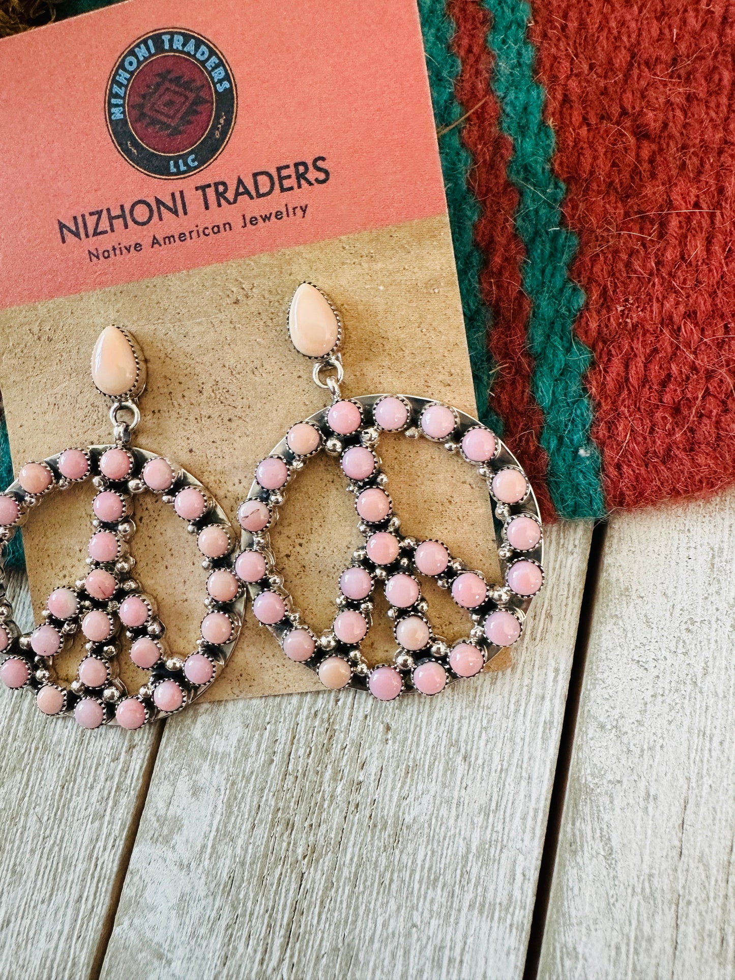 Handcrafted Queen Pink Conch & Sterling Silver Peace Sign Dangle Earrings
