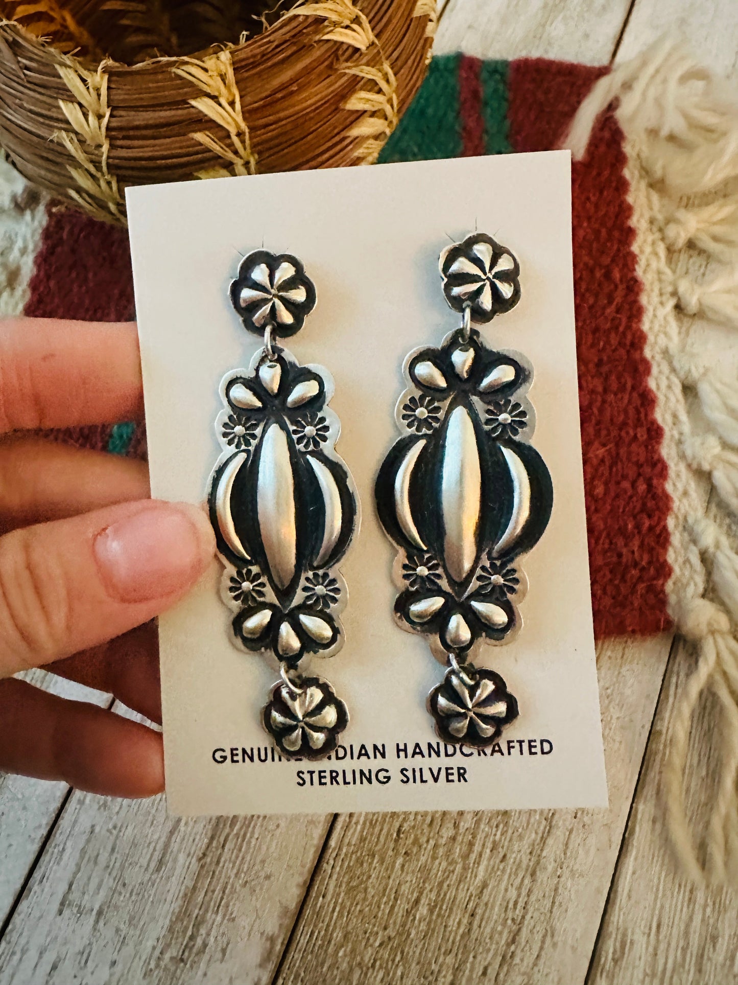 Handcrafted Hand Stamped Sterling Silver Concho Dangle Earrings by Leander Tahe