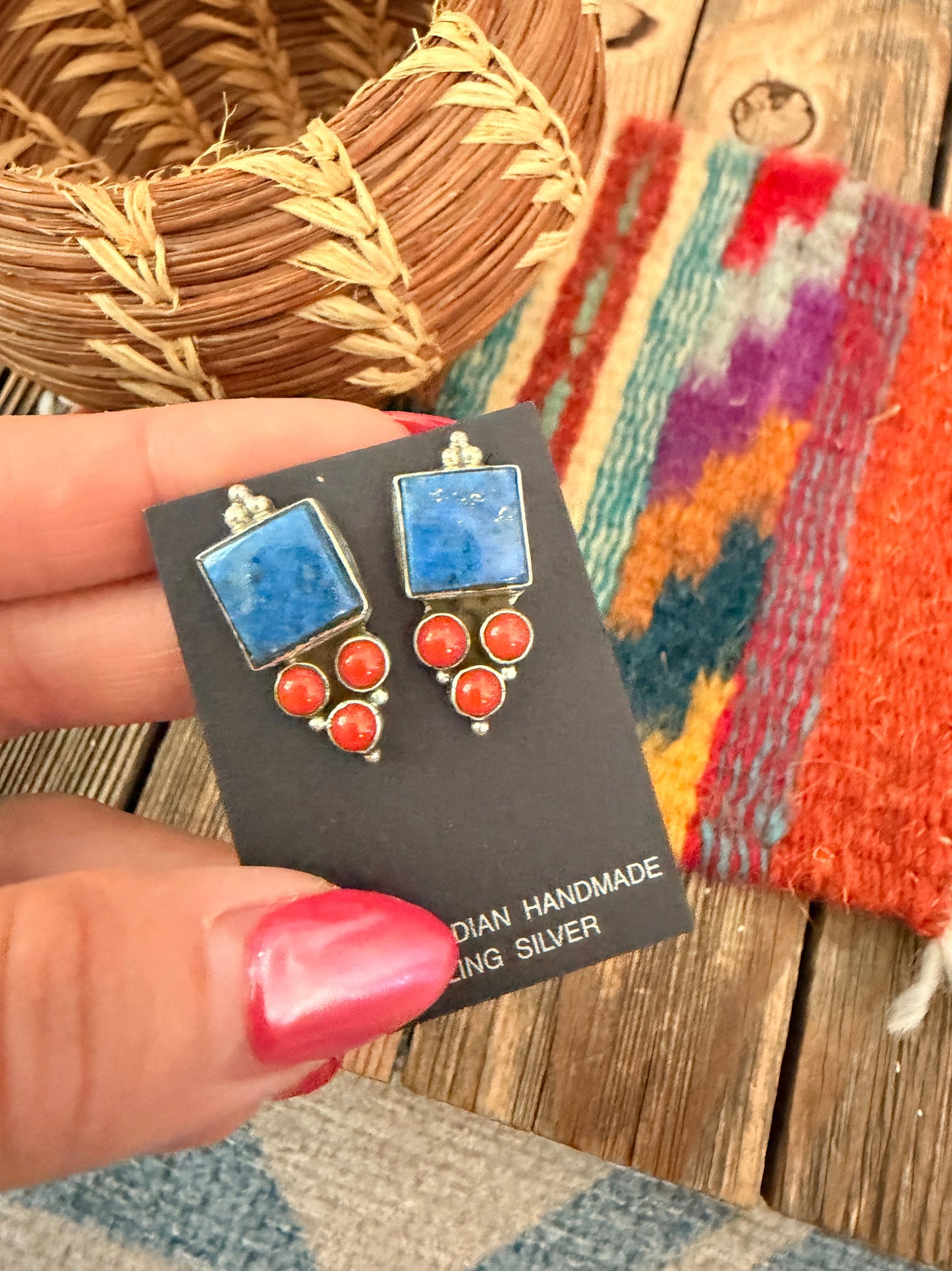 Handcrafted Lapis, Coral & Sterling Silver Dangle Earrings