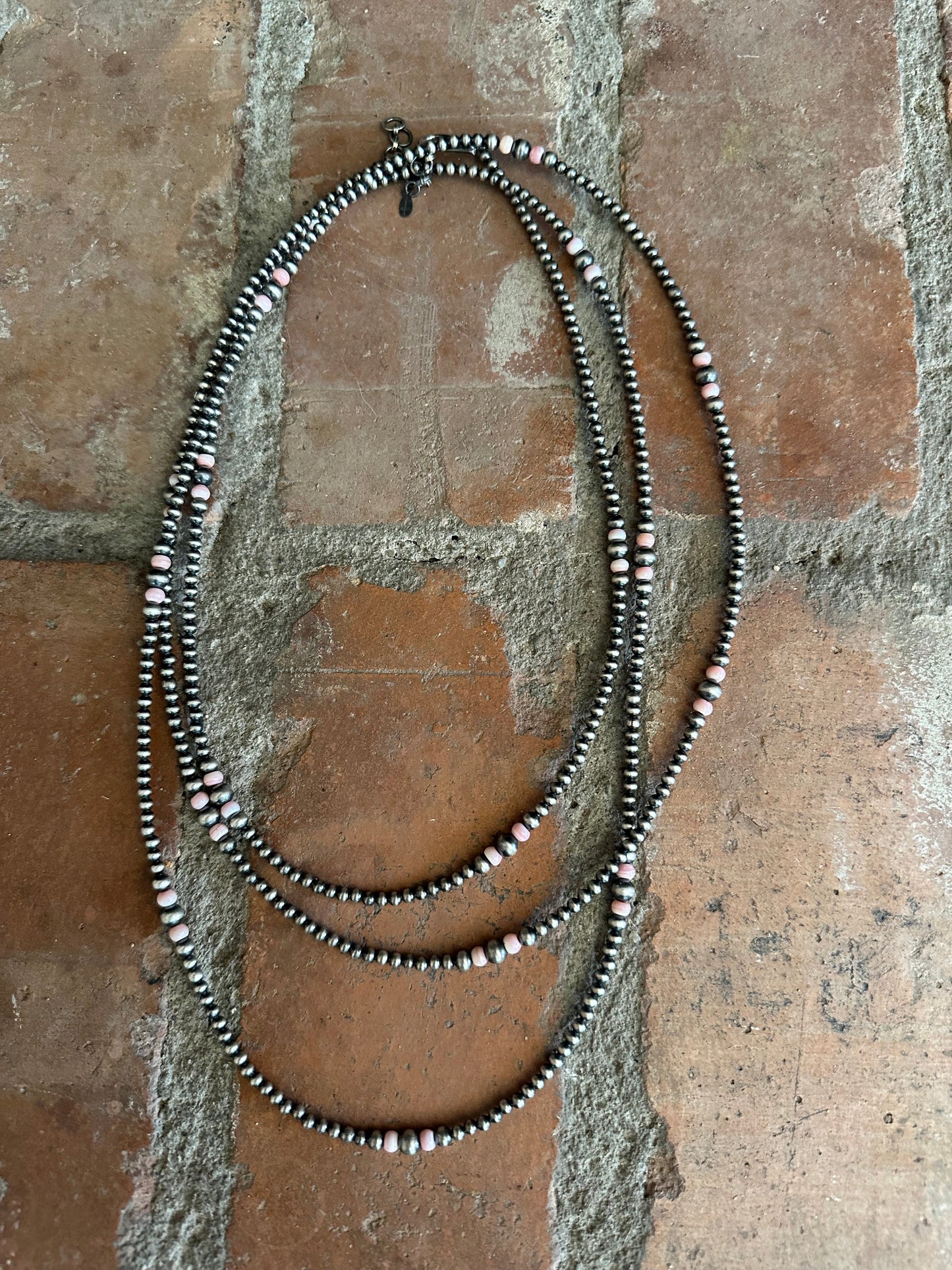 Handmade Sterling Silver 3-5mm Pink Conch Beaded Necklace 60”