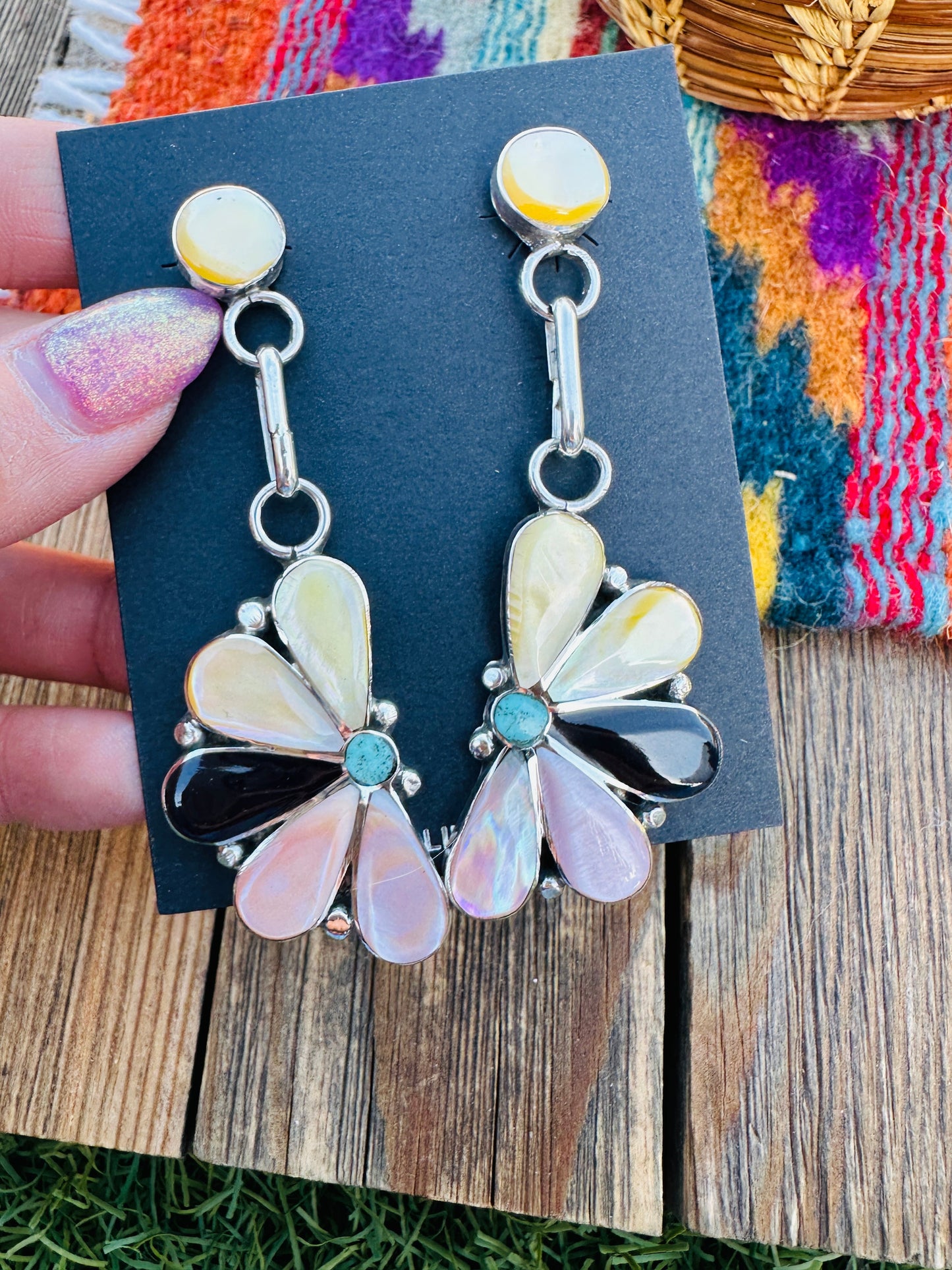 Handcrafted Sterling Silver, Mother of Pearl, Turquoise & Jet Inlay Flower Dangle Earrings