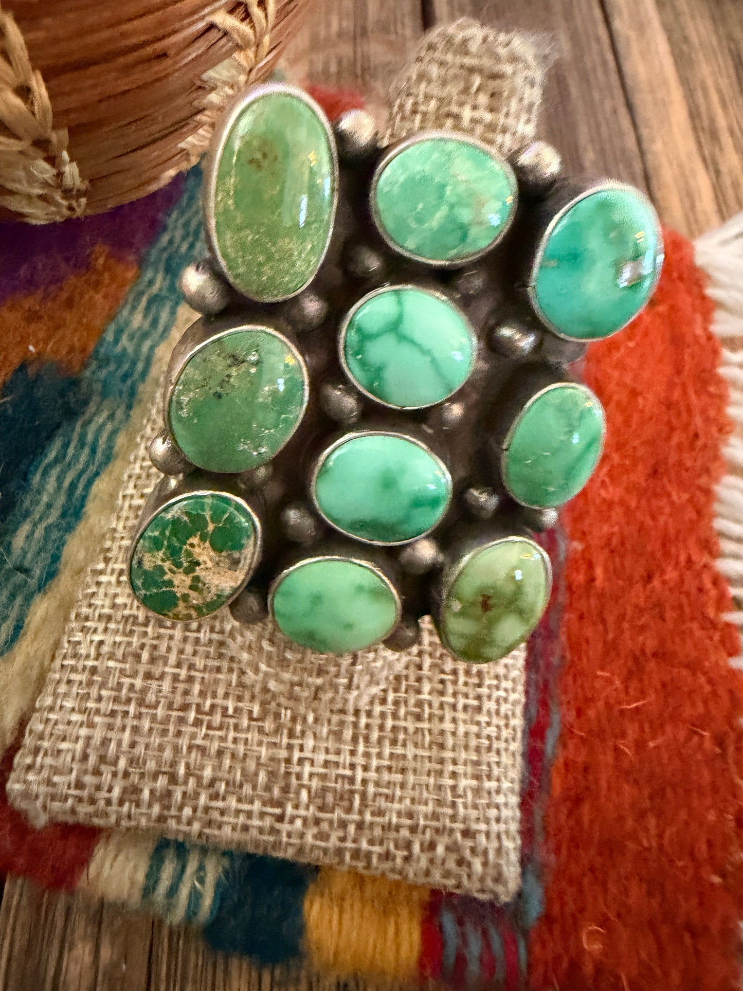 Handcrafted Sonoran Mountain Turquoise & Sterling Silver Cluster Ring Size 8 Sheila Becenti