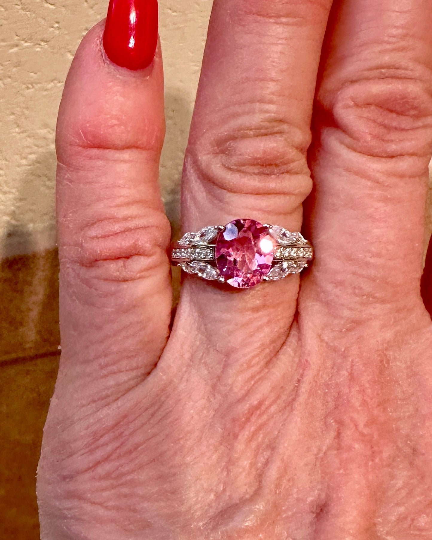 Pink Topaz & CZ Oval Shape Sterling Silver Ring Size 6