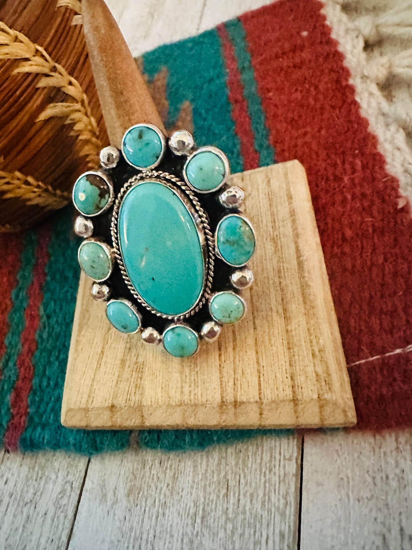 Handcrafted Sterling Silver & Turquoise Cluster Adjustable Ring