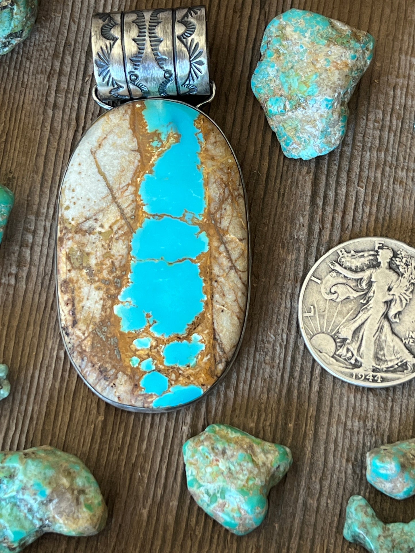 Handcrafted Sterling Silver and Royston Ribbon Turquoise Solo Pendant by Angela Martin