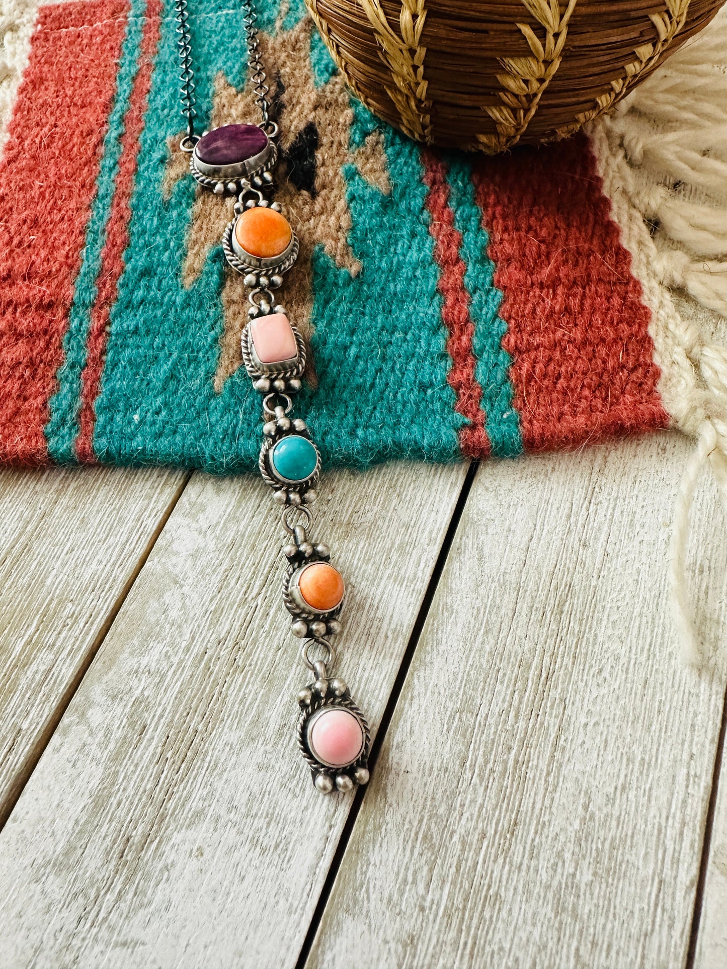 Handcrafted Sterling Silver & Multi Stone Lariat Necklace