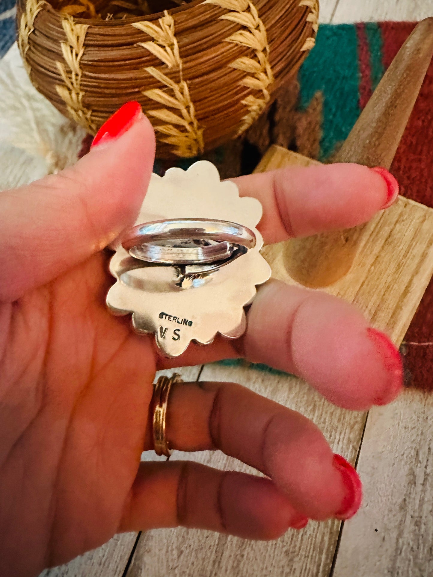 Handcrafted Sterling Silver, Queen Pink Conch & Turquoise Cluster Adjustable Ring