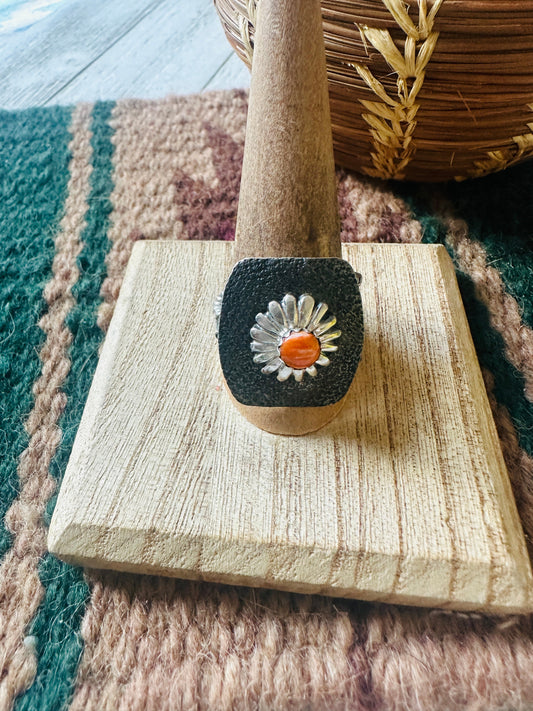 Handcrafted Sterling Silver & Orange Spiny Concho Adjustable Ring