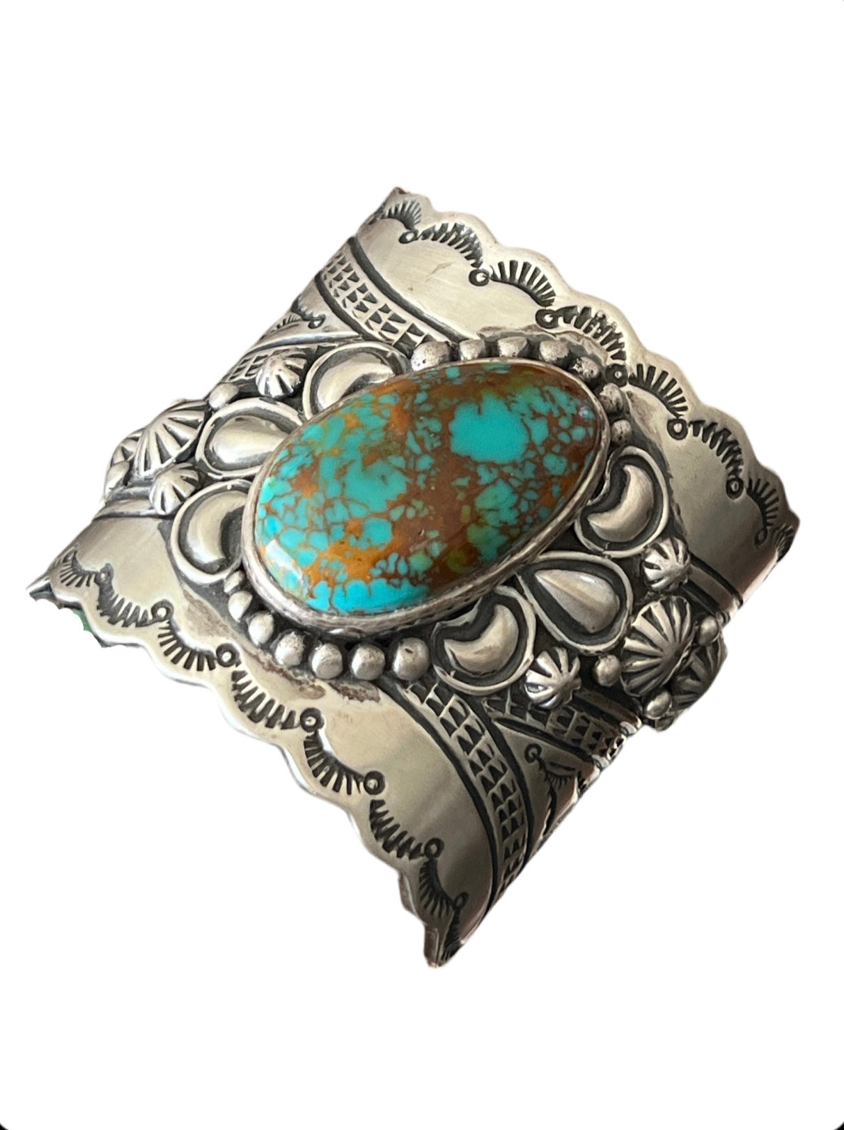 Lorenzo James Hefty Sterling Silver and Kingman Turquoise Hand Stamped Cuff Bracelet