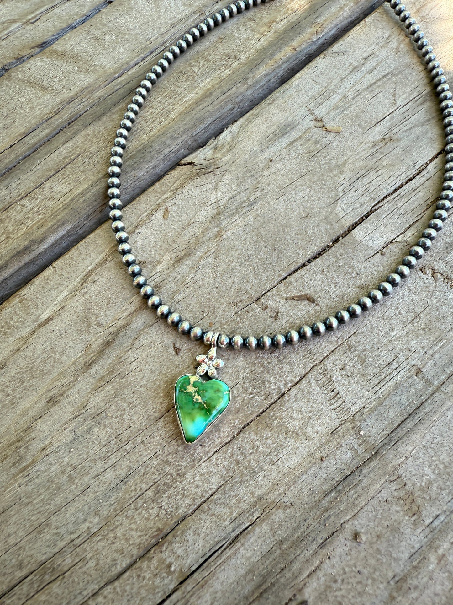 Handmade Sterling Silver Sonoran Mountain Turquoise Beaded Heart Necklace