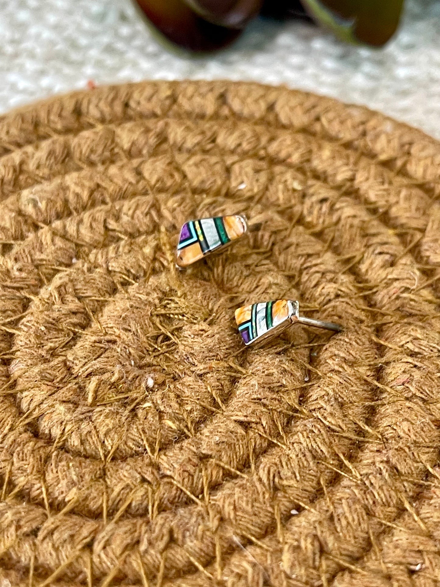 Gorgeous Handmade Sterling Silver & Multi Stone Inlay Stud Earrings