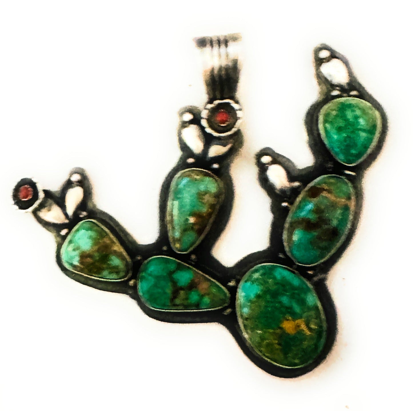 Handcrafted Turquoise, Coral and Sterling Silver Cactus Pendant